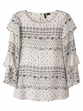 New York Directions Med Bell Sleeve Floral Print Black, Green & Ivory Flowy Top